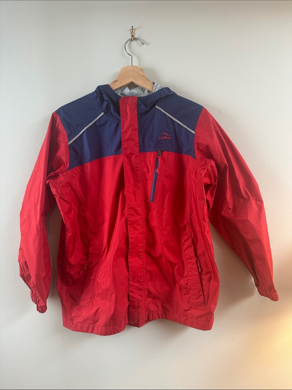 L.L. Bean Red and Navy Kids' Rain Jacket with Hood